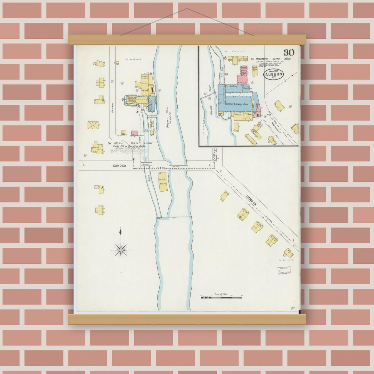 Old map wall art mockup — magnetic wood frame on brick wall — Sanborn Fire Insurance Map from Auburn, Cayuga County, New York (1898), Sheet #0030