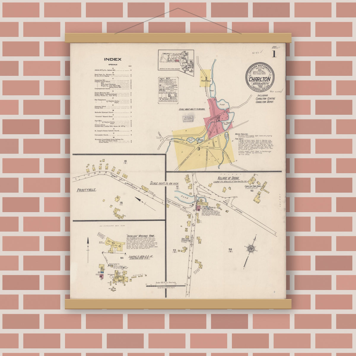 Old map wall art mockup — magnetic wood frame on brick wall — Sanborn Fire Insurance Map from Charlton, Worcester County, Massachusetts (1922) - Complete Map Set