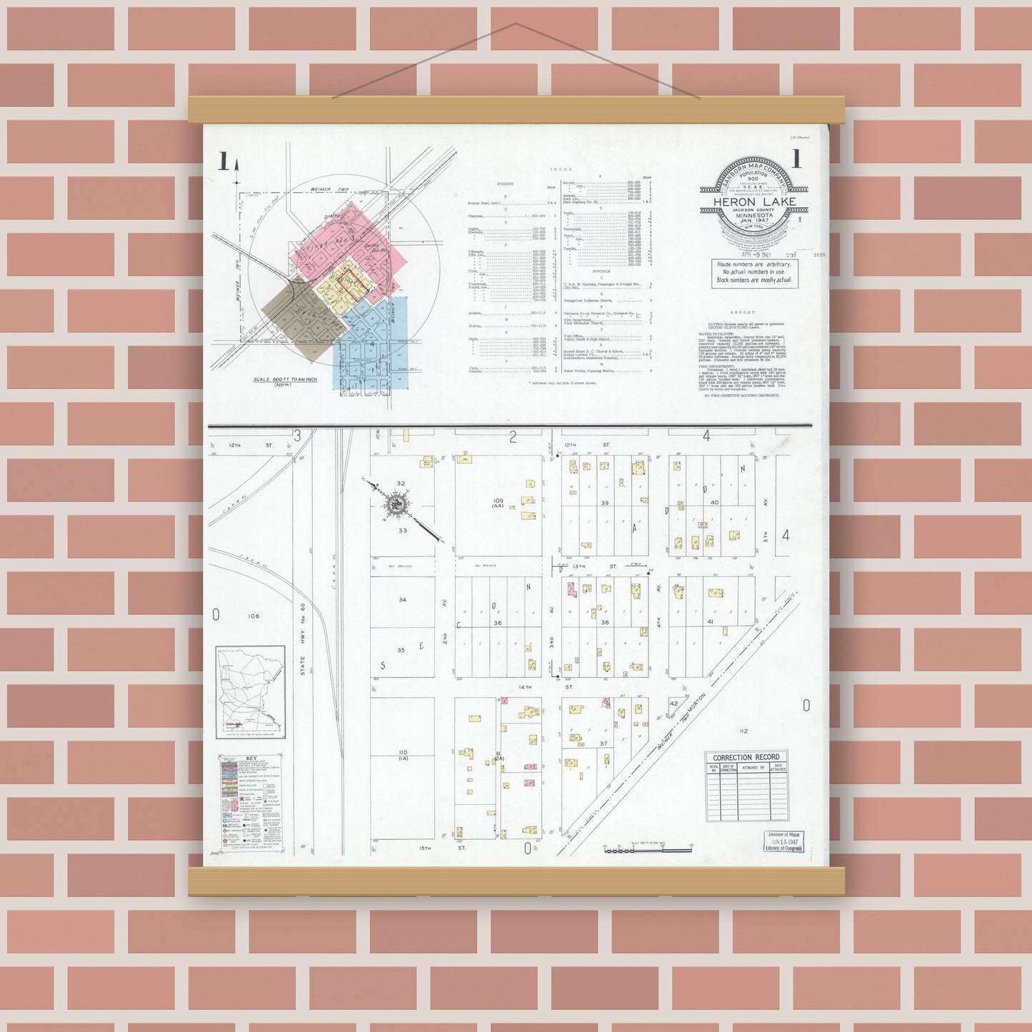 Old map wall art mockup — magnetic wood frame on brick wall — Sanborn Fire Insurance Map from Heron Lake, Jackson County, Minnesota (1947) - Complete Map Set