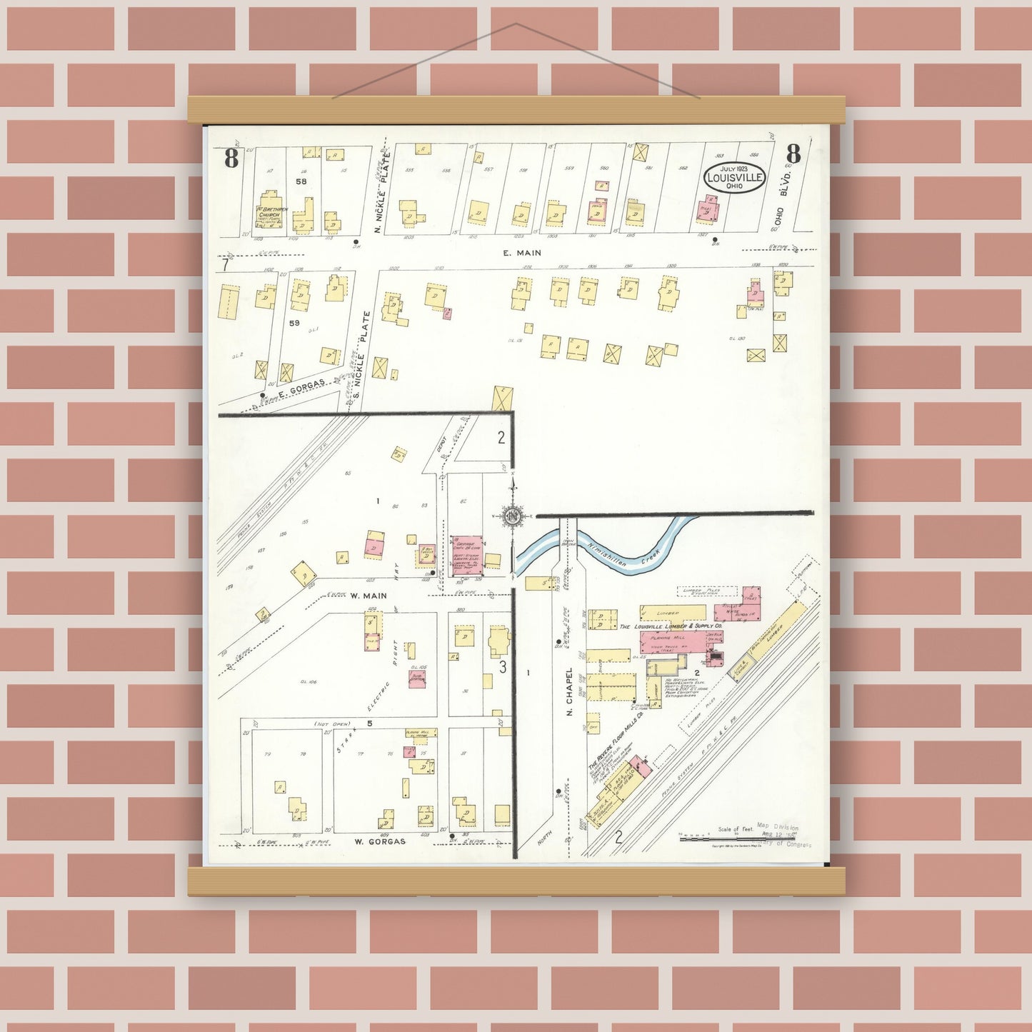 Old map wall art mockup — magnetic wood frame on brick wall — Sanborn Fire Insurance Map from Louisville, Stark County, Ohio (1923), Sheet #0008