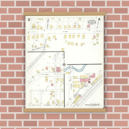 Old map wall art mockup — magnetic wood frame on brick wall — Sanborn Fire Insurance Map from Louisville, Stark County, Ohio (1923), Sheet #0008