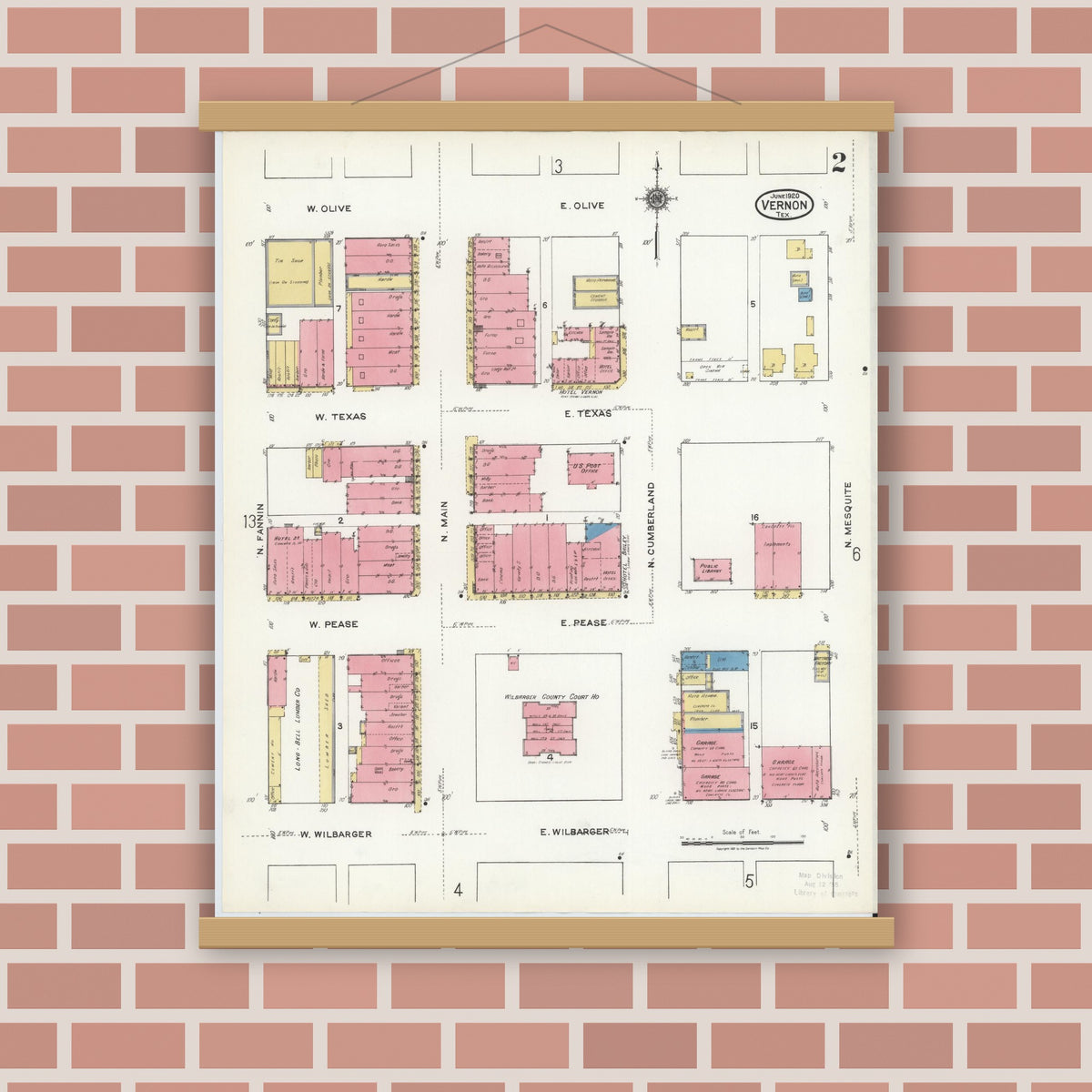 Old map wall art mockup — magnetic wood frame on brick wall — Sanborn Fire Insurance Map from Vernon, Wilbarger County, Texas (1920), Sheet #0002