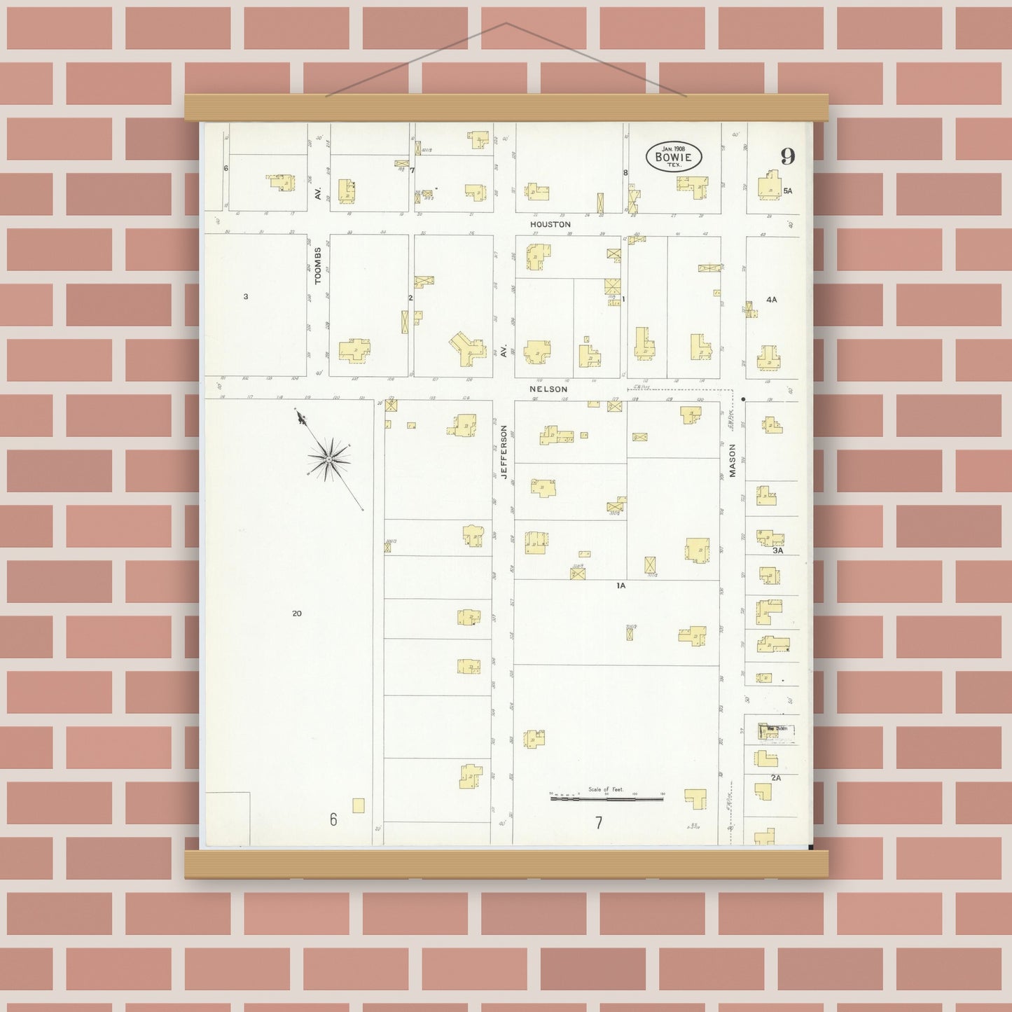 Old map wall art mockup — magnetic wood frame on brick wall — Sanborn Fire Insurance Map from Bowie, Montague County, Texas (1908), Sheet #0009