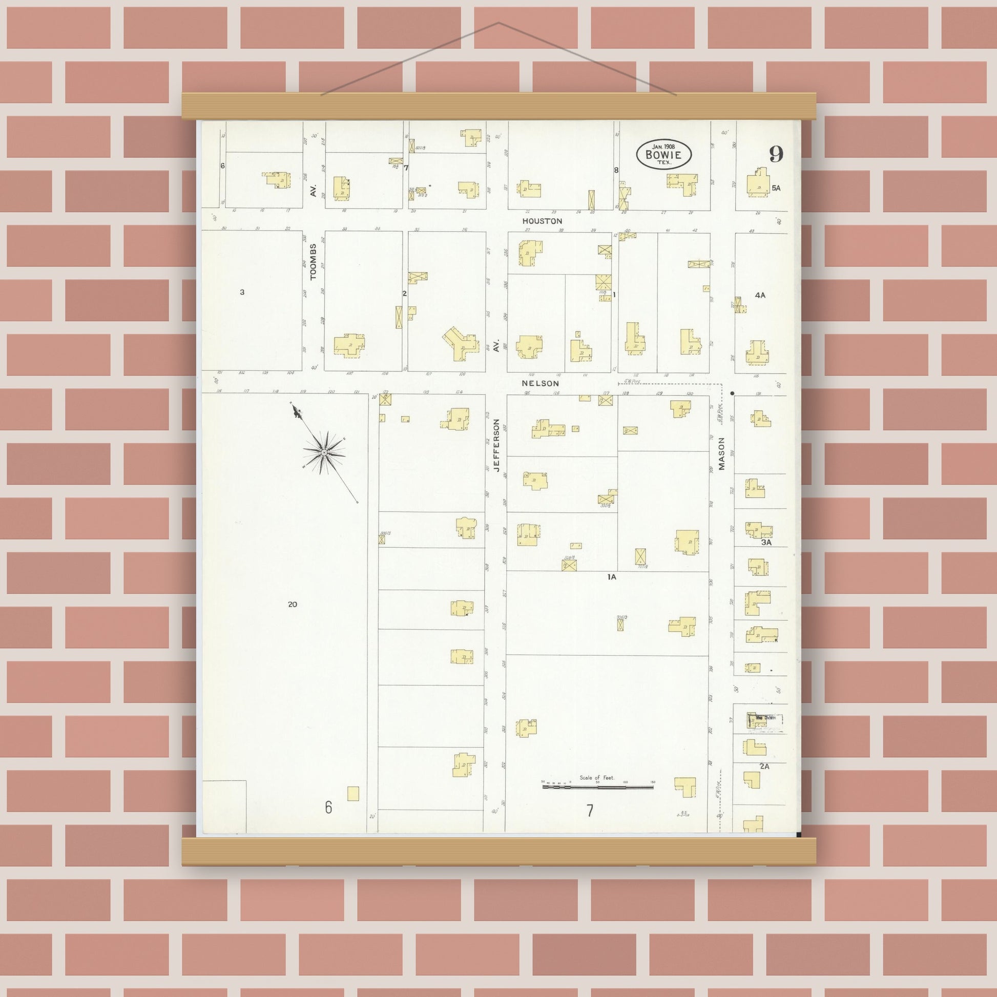 Old map wall art mockup — magnetic wood frame on brick wall — Sanborn Fire Insurance Map from Bowie, Montague County, Texas (1908), Sheet #0009