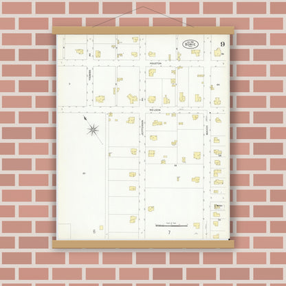 Old map wall art mockup — magnetic wood frame on brick wall — Sanborn Fire Insurance Map from Bowie, Montague County, Texas (1908), Sheet #0009