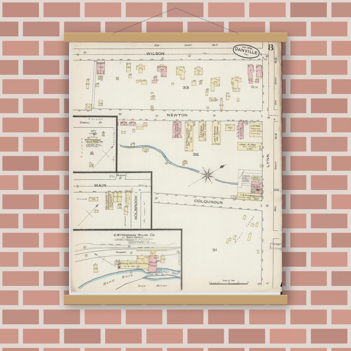 Old map wall art mockup — magnetic wood frame on brick wall — Sanborn Fire Insurance Map from Danville, Independent Cities, Virginia (1886), Sheet #0008