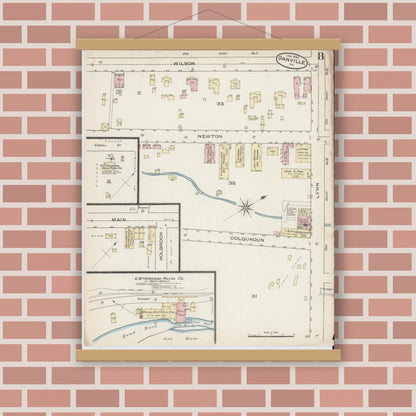 Old map wall art mockup — magnetic wood frame on brick wall — Sanborn Fire Insurance Map from Danville, Independent Cities, Virginia (1886), Sheet #0008