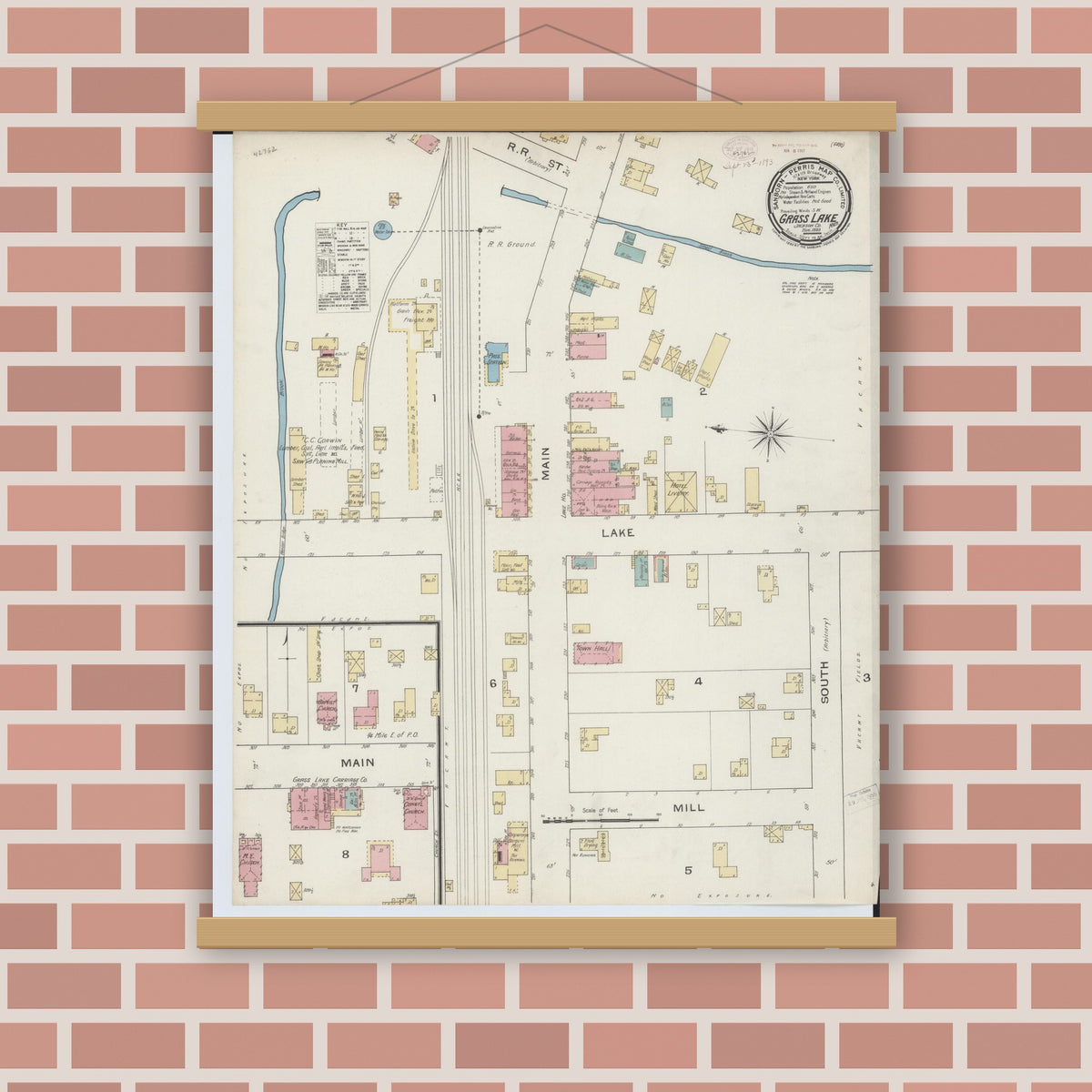 Old map wall art mockup — magnetic wood frame on brick wall — Sanborn Fire Insurance Map from Grass Lake, Jackson County, Michigan (1893), Sheet #0001