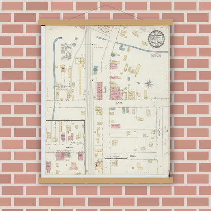 Old map wall art mockup — magnetic wood frame on brick wall — Sanborn Fire Insurance Map from Grass Lake, Jackson County, Michigan (1893), Sheet #0001