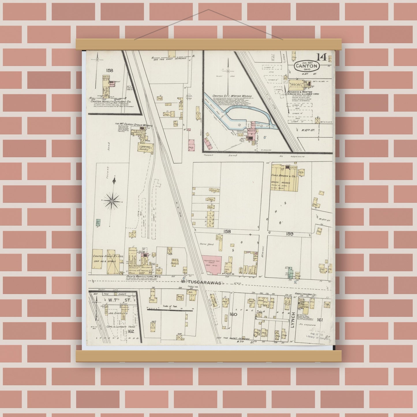 Old map wall art mockup — magnetic wood frame on brick wall — Sanborn Fire Insurance Map from Canton, Stark County, Ohio (1887), Sheet #0014
