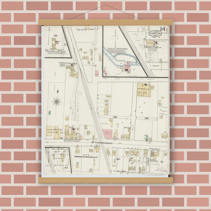 Old map wall art mockup — magnetic wood frame on brick wall — Sanborn Fire Insurance Map from Canton, Stark County, Ohio (1887), Sheet #0014