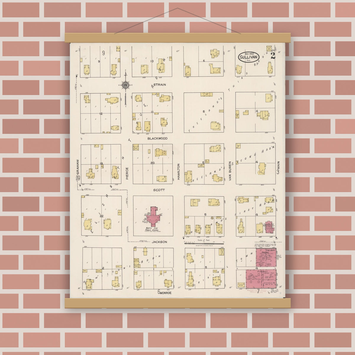 Old map wall art mockup — magnetic wood frame on brick wall — Sanborn Fire Insurance Map from Sullivan, Moultrie County, Illinois (1922), Sheet #0002