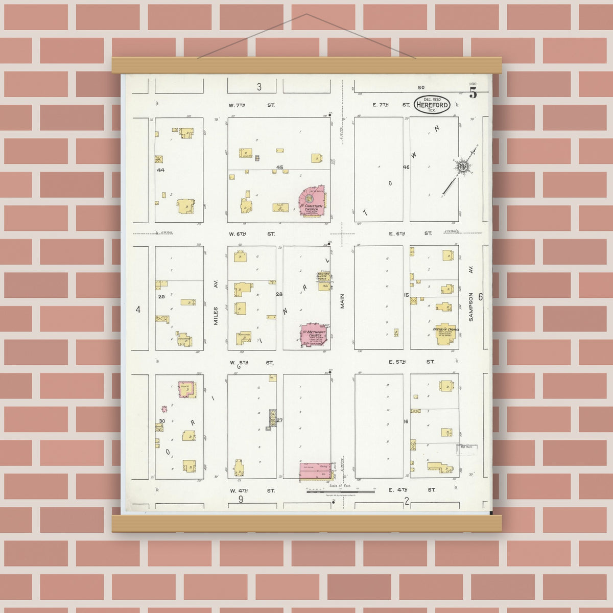 Old map wall art mockup — magnetic wood frame on brick wall — Sanborn Fire Insurance Map from Hereford, Deaf Smith County, Texas (1920), Sheet #0005
