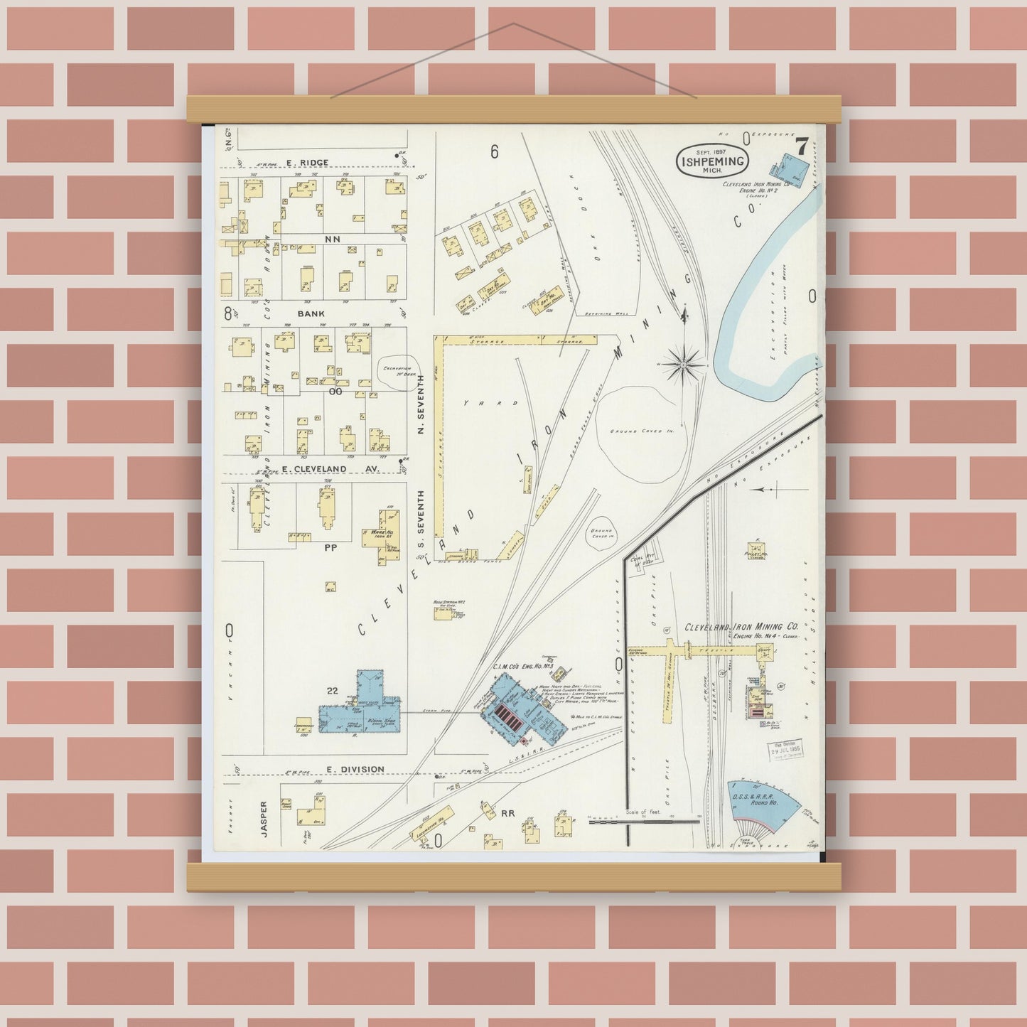 Old map wall art mockup — magnetic wood frame on brick wall — Sanborn Fire Insurance Map from Ishpeming, Marquette County, Michigan (1897), Sheet #0007