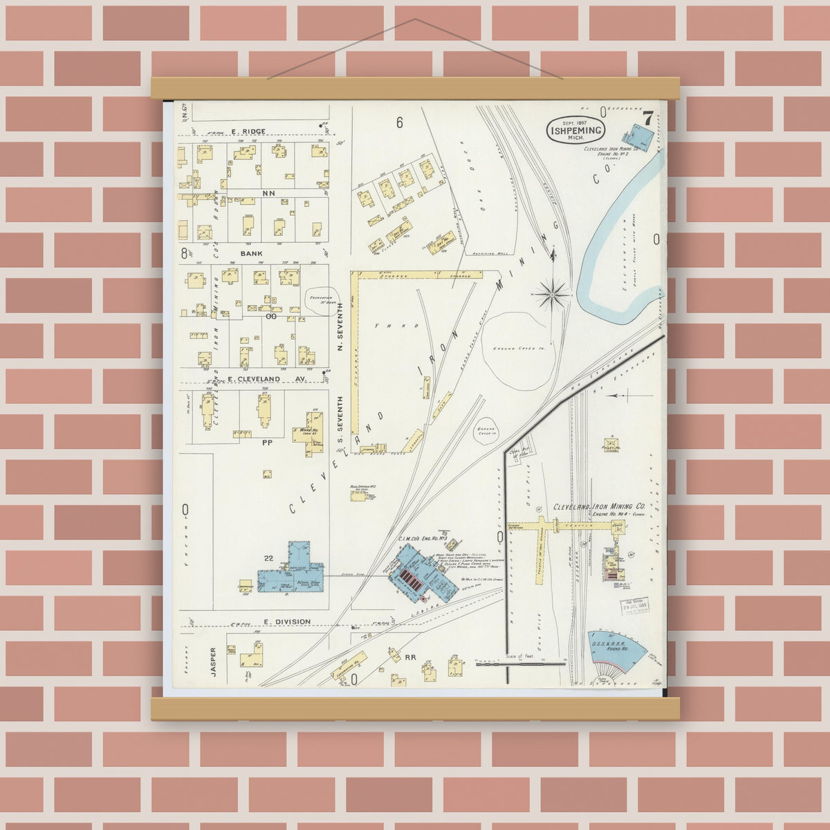 Old map wall art mockup — magnetic wood frame on brick wall — Sanborn Fire Insurance Map from Ishpeming, Marquette County, Michigan (1897), Sheet #0007
