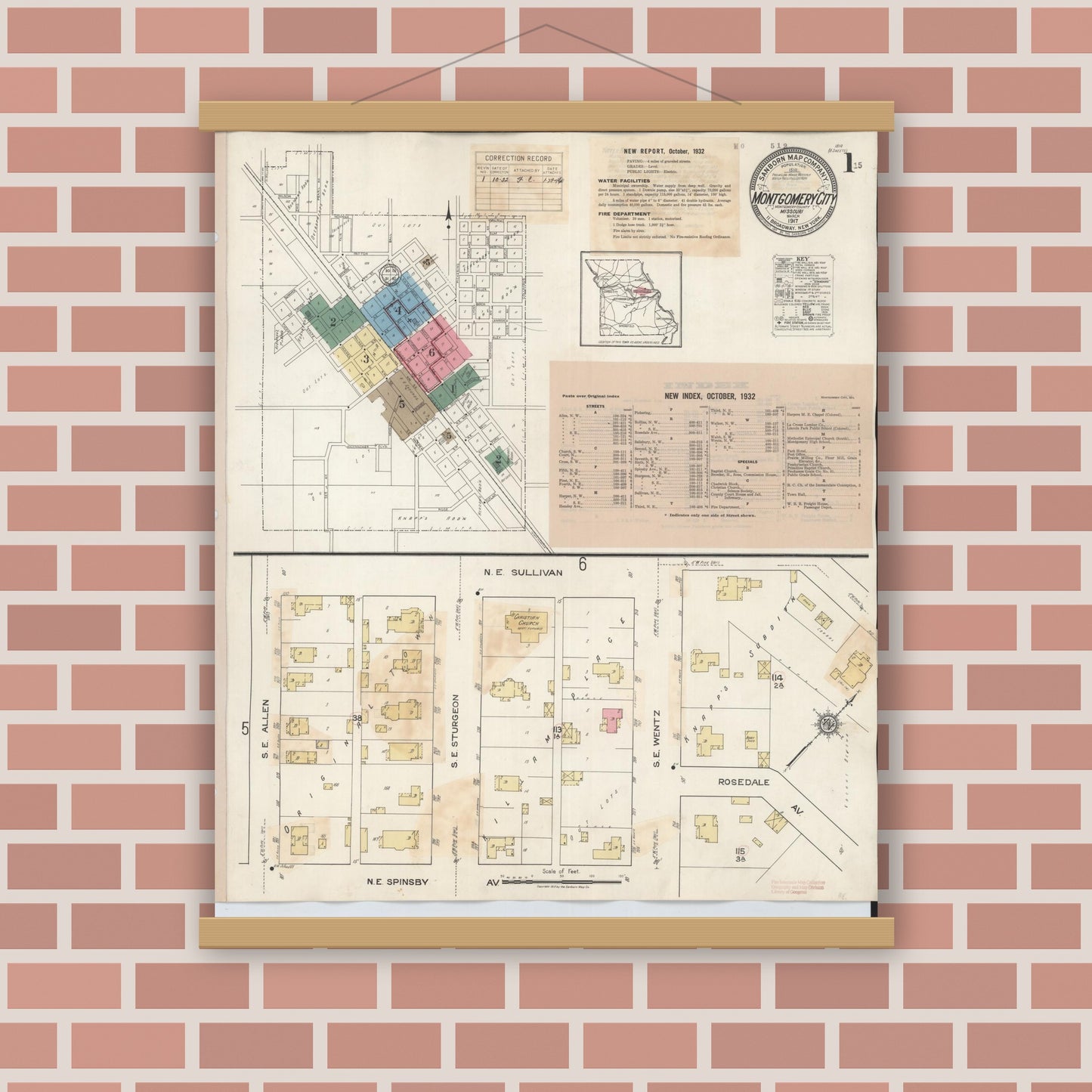 Old map wall art mockup — magnetic wood frame on brick wall — Sanborn Fire Insurance Map from Montgomery City, Montgomery County, Missouri (1932) - Complete Map Set
