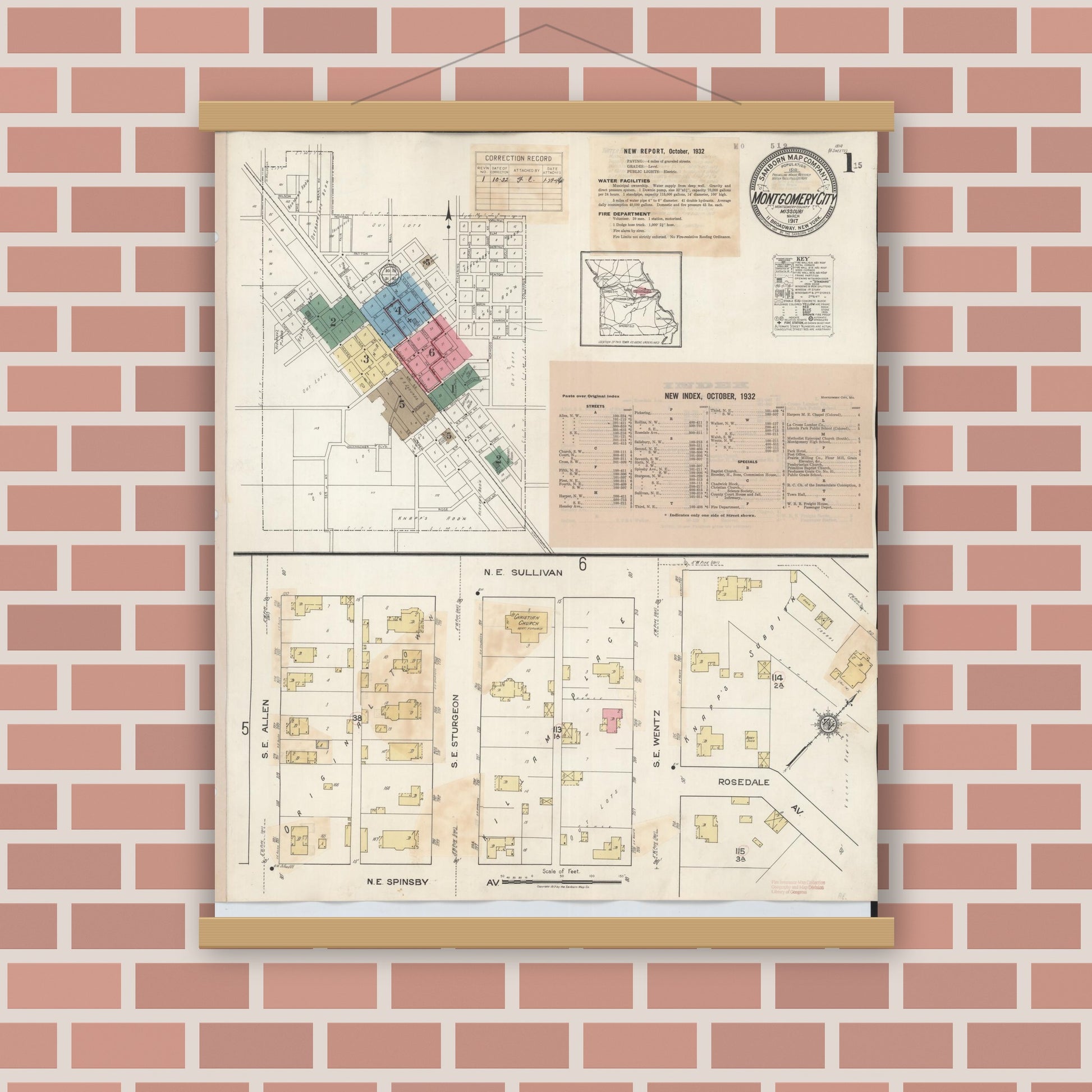 Old map wall art mockup — magnetic wood frame on brick wall — Sanborn Fire Insurance Map from Montgomery City, Montgomery County, Missouri (1932) - Complete Map Set