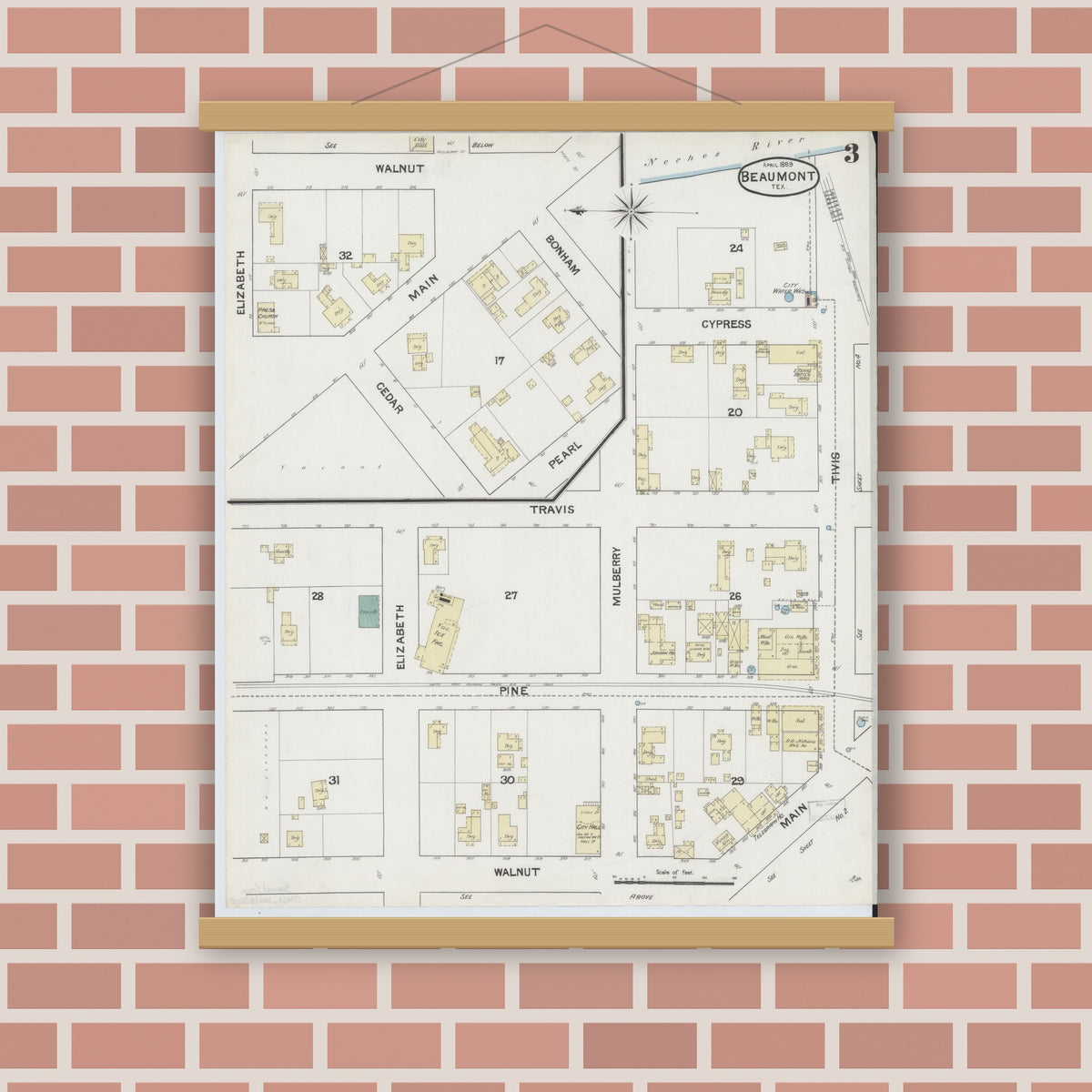 Old map wall art mockup — magnetic wood frame on brick wall — Sanborn Fire Insurance Map from Beaumont, Jefferson County, Texas (1889), Sheet #0003