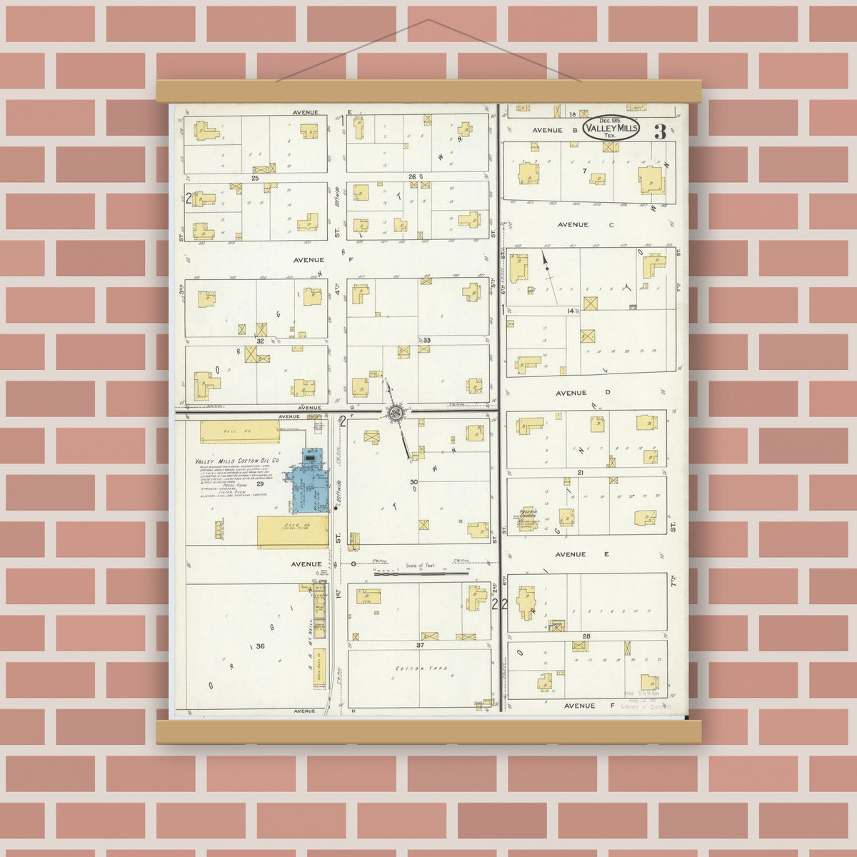 Old map wall art mockup — magnetic wood frame on brick wall — Sanborn Fire Insurance Map from Valley Mills, Bosque County, Texas (1915), Sheet #0003