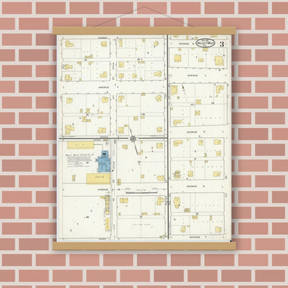 Old map wall art mockup — magnetic wood frame on brick wall — Sanborn Fire Insurance Map from Valley Mills, Bosque County, Texas (1915), Sheet #0003