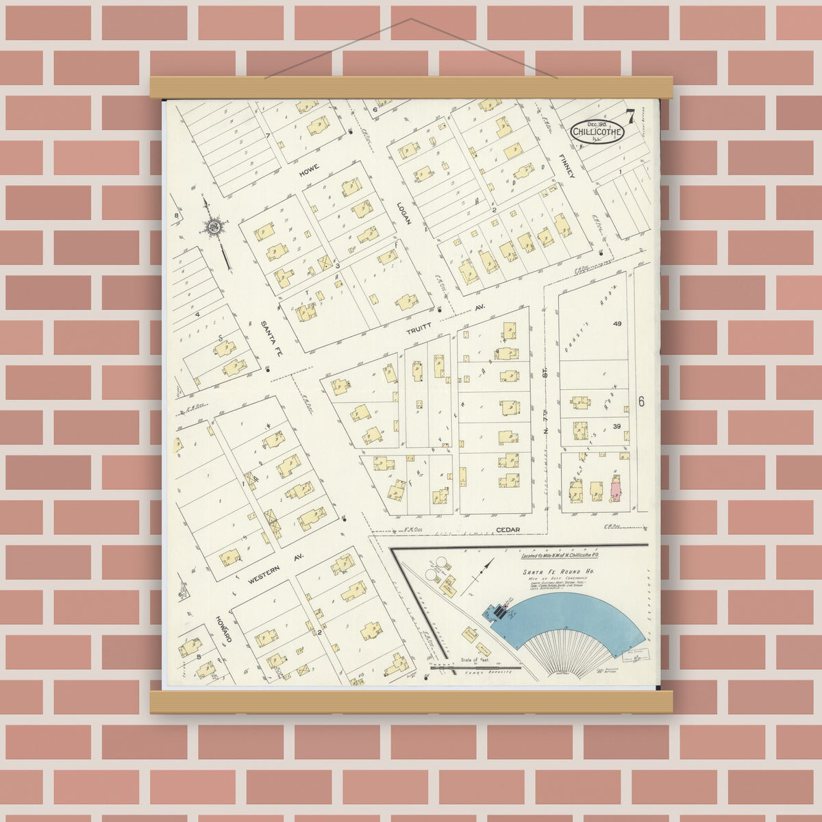 Old map wall art mockup — magnetic wood frame on brick wall — Sanborn Fire Insurance Map from Chillicothe, Peoria County, Illinois (1913), Sheet #0007