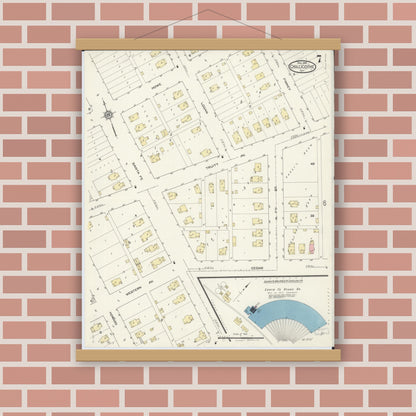 Old map wall art mockup — magnetic wood frame on brick wall — Sanborn Fire Insurance Map from Chillicothe, Peoria County, Illinois (1913), Sheet #0007