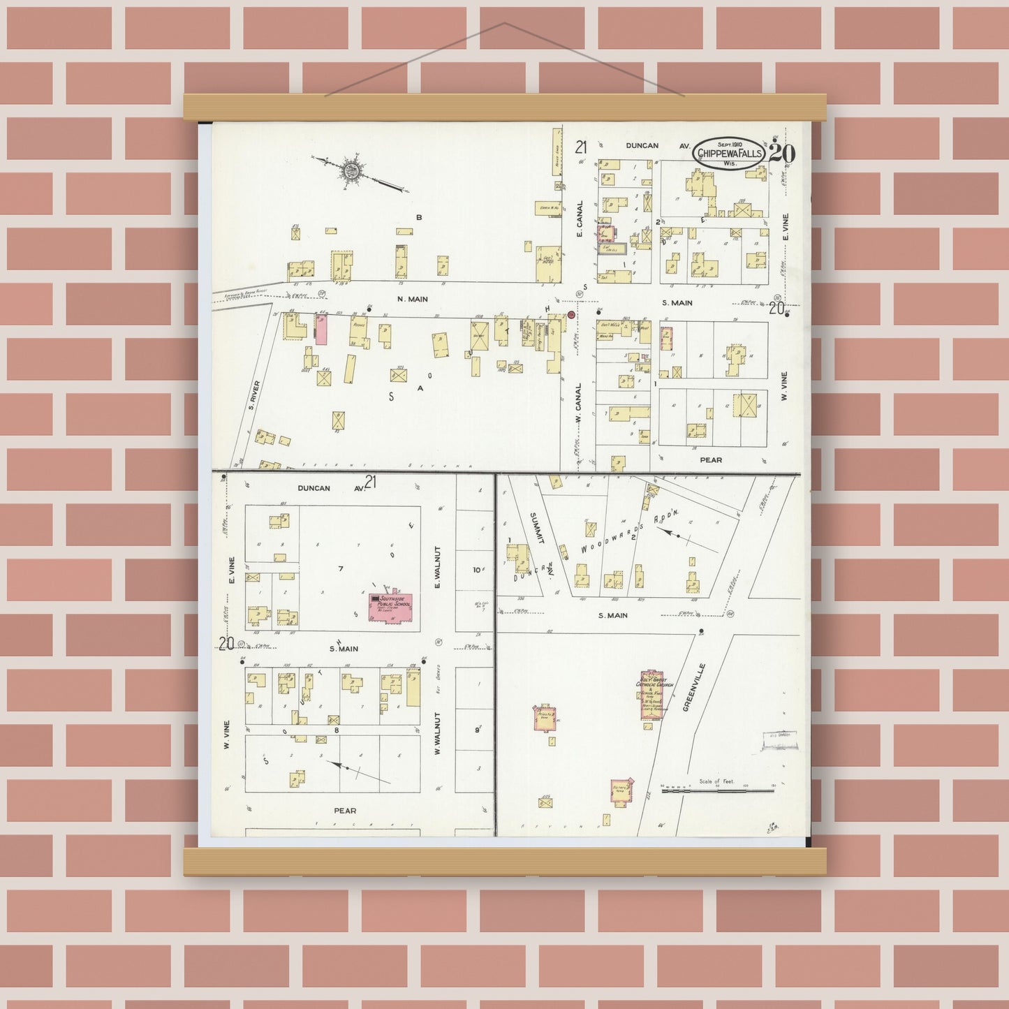 Old map wall art mockup — magnetic wood frame on brick wall — Sanborn Fire Insurance Map from Chippewa Falls, Chippewa County, Wisconsin (1910), Sheet #0020
