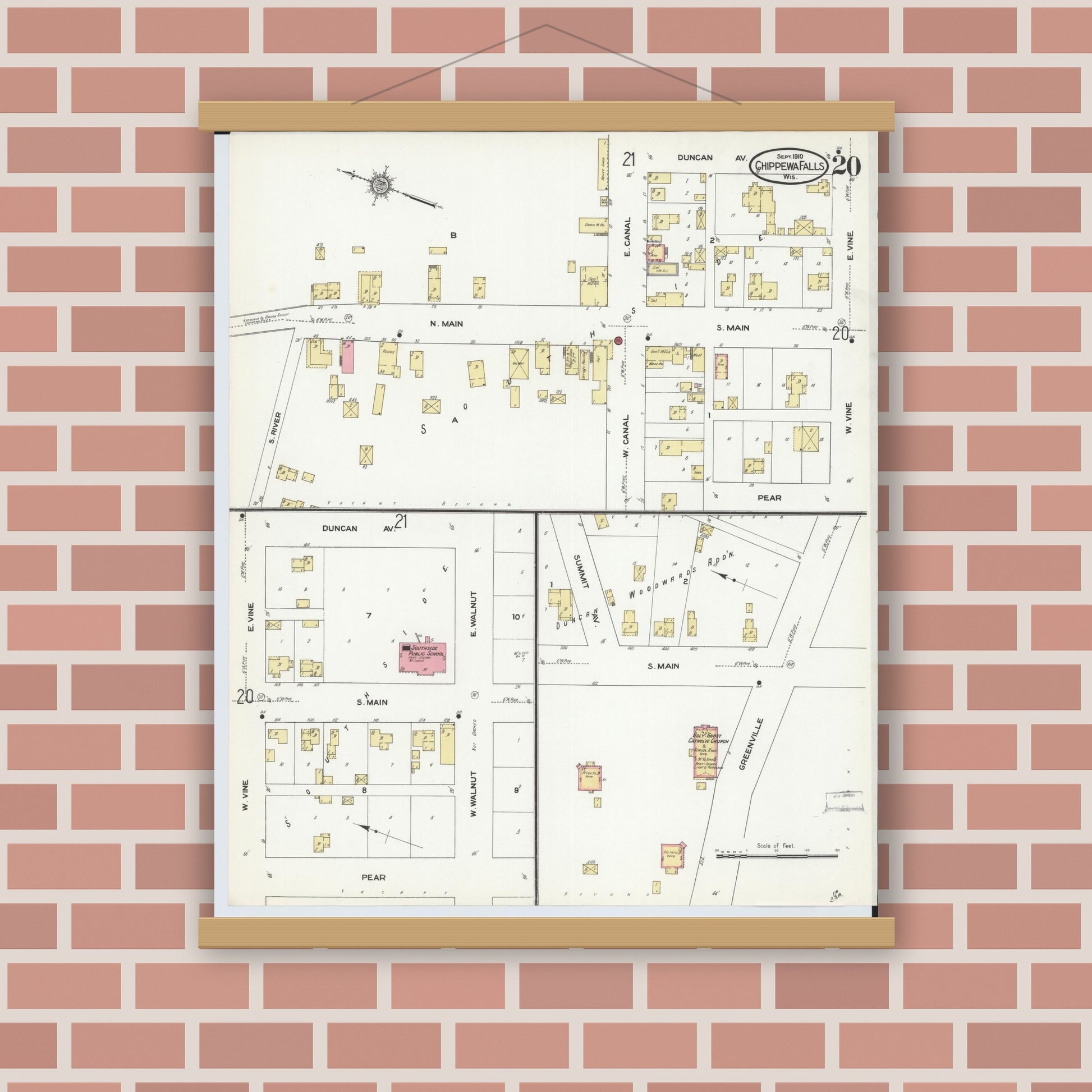 Old map wall art mockup — magnetic wood frame on brick wall — Sanborn Fire Insurance Map from Chippewa Falls, Chippewa County, Wisconsin (1910), Sheet #0020