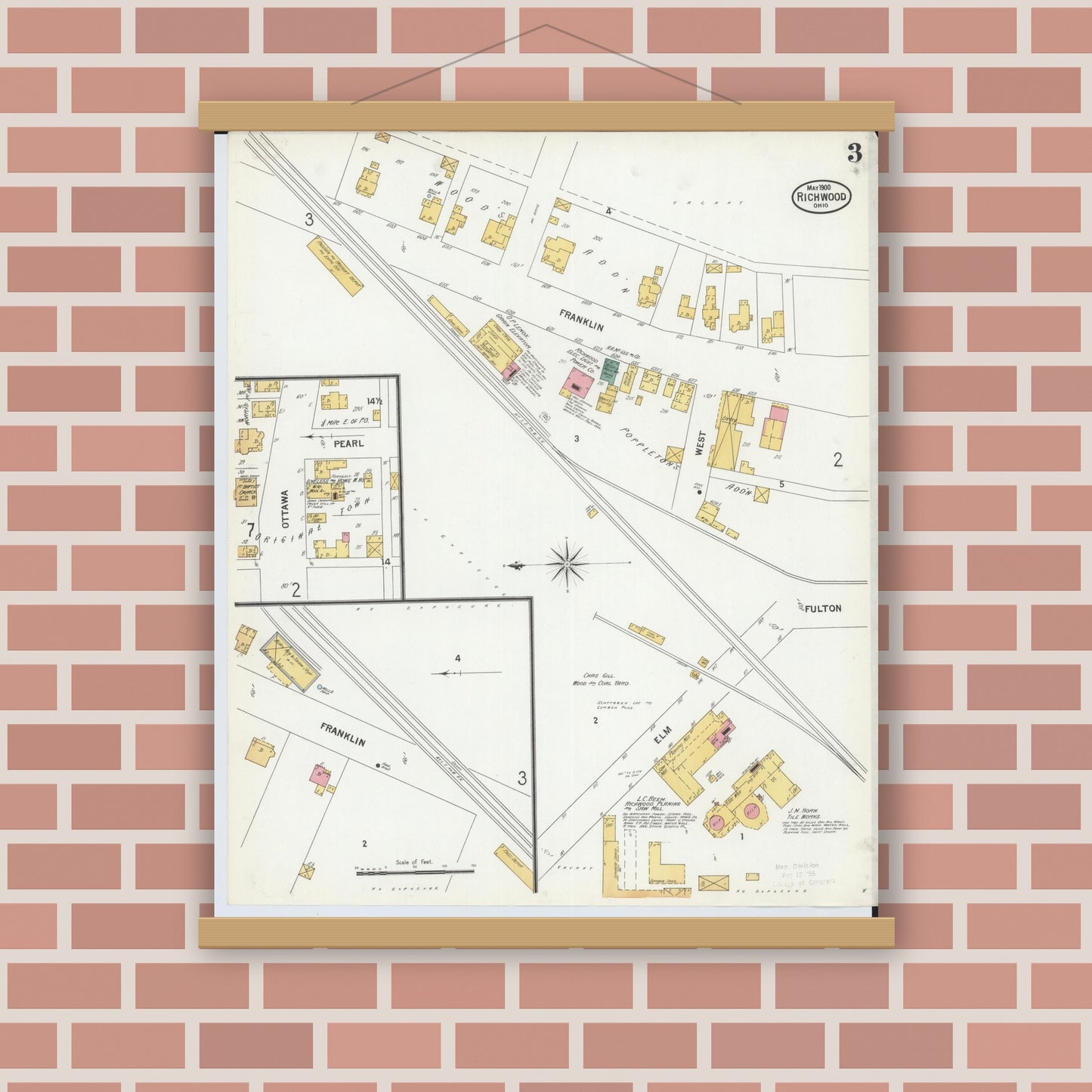 Old map wall art mockup — magnetic wood frame on brick wall — Sanborn Fire Insurance Map from Richwood, Union County, Ohio (1900), Sheet #0003
