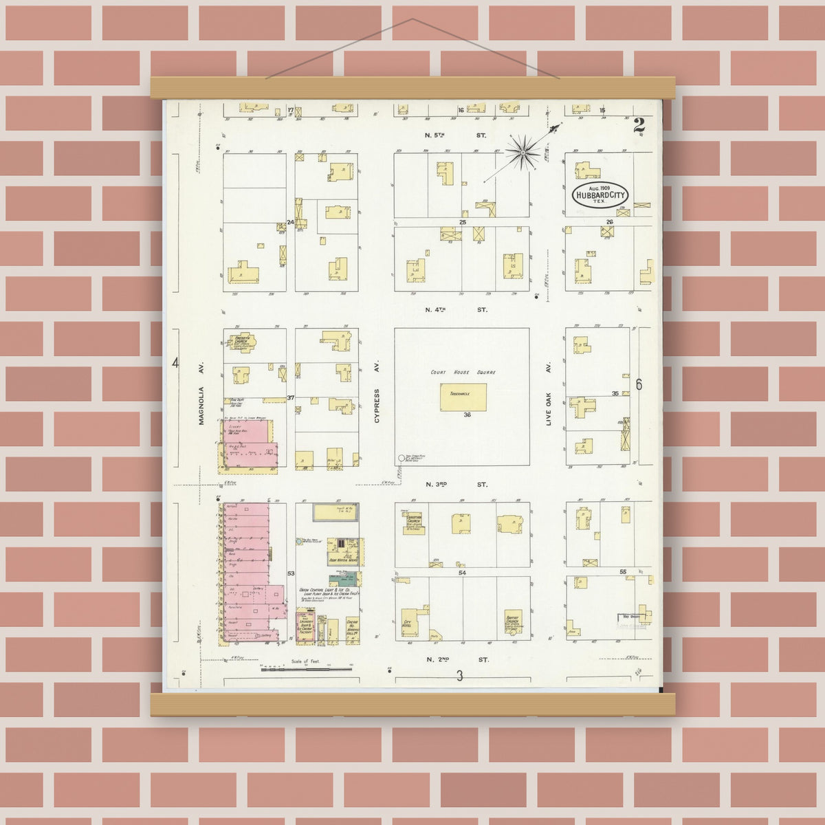 Old map wall art mockup — magnetic wood frame on brick wall — Sanborn Fire Insurance Map from Hubbard, Hill County, Texas (1909), Sheet #0002