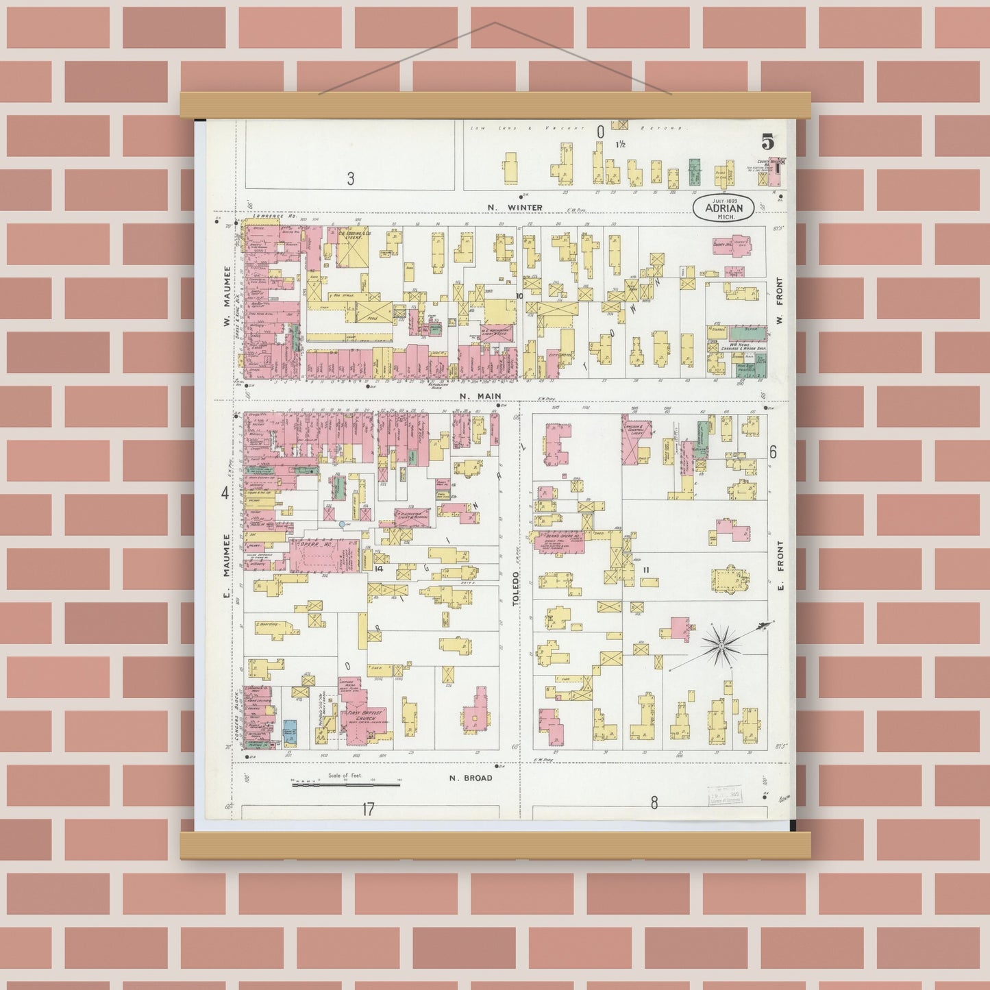 Old map wall art mockup — magnetic wood frame on brick wall — Sanborn Fire Insurance Map from Adrian, Lenawee County, Michigan (1899), Sheet #0005