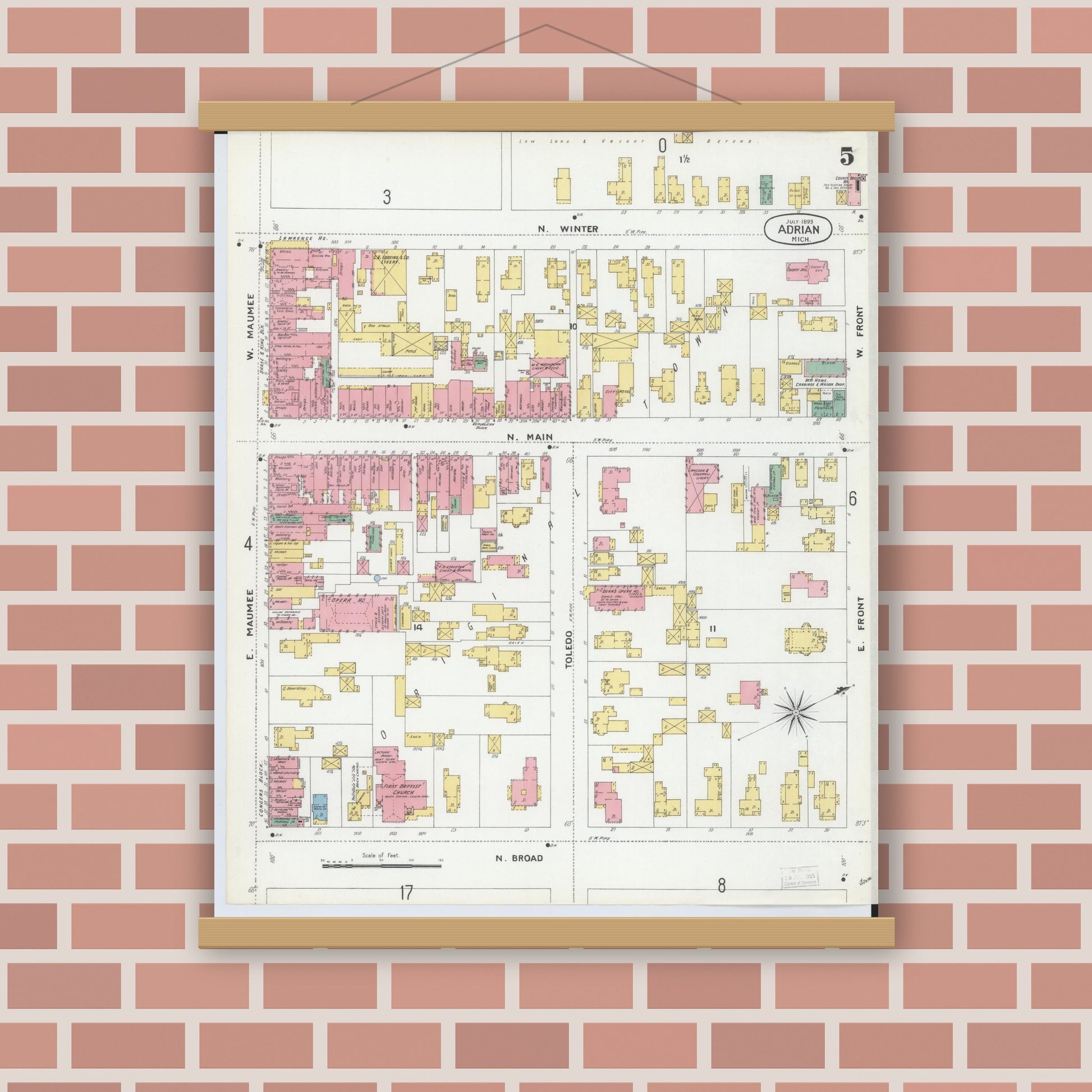 Old map wall art mockup — magnetic wood frame on brick wall — Sanborn Fire Insurance Map from Adrian, Lenawee County, Michigan (1899), Sheet #0005