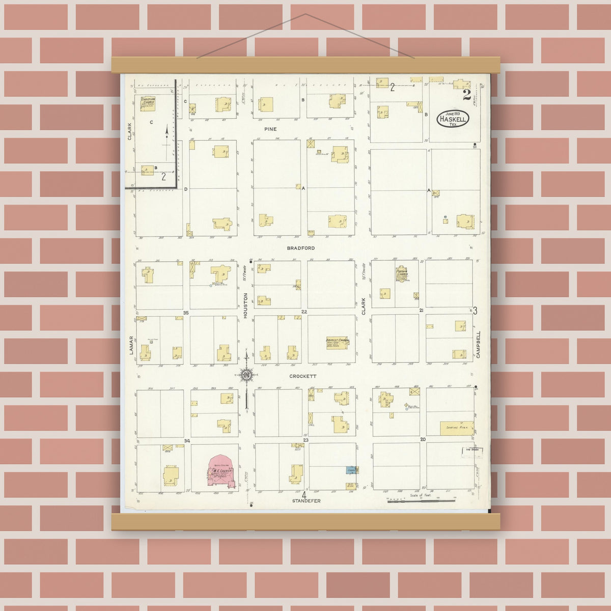 Old map wall art mockup — magnetic wood frame on brick wall — Sanborn Fire Insurance Map from Haskell, Haskell County, Texas (1913), Sheet #0002