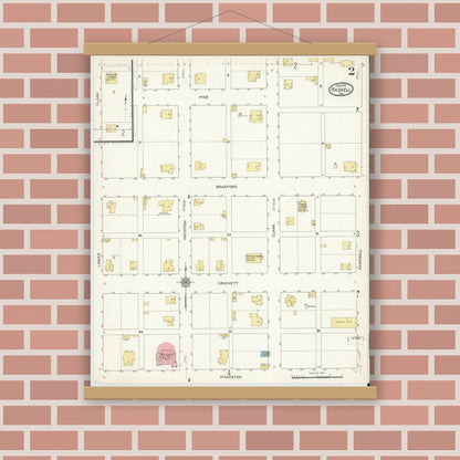 Old map wall art mockup — magnetic wood frame on brick wall — Sanborn Fire Insurance Map from Haskell, Haskell County, Texas (1913), Sheet #0002