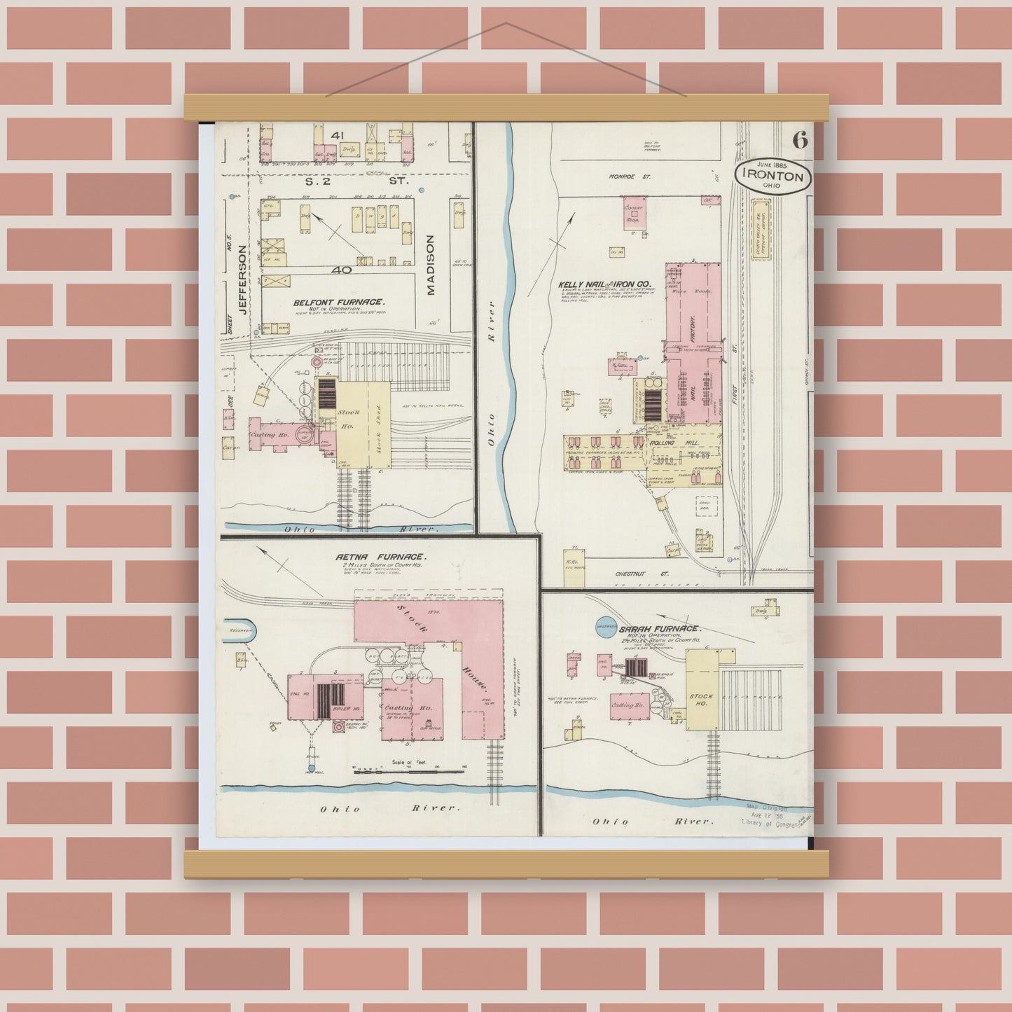 Old map wall art mockup — magnetic wood frame on brick wall — Sanborn Fire Insurance Map from Ironton, Lawrence County, Ohio (1885), Sheet #0006