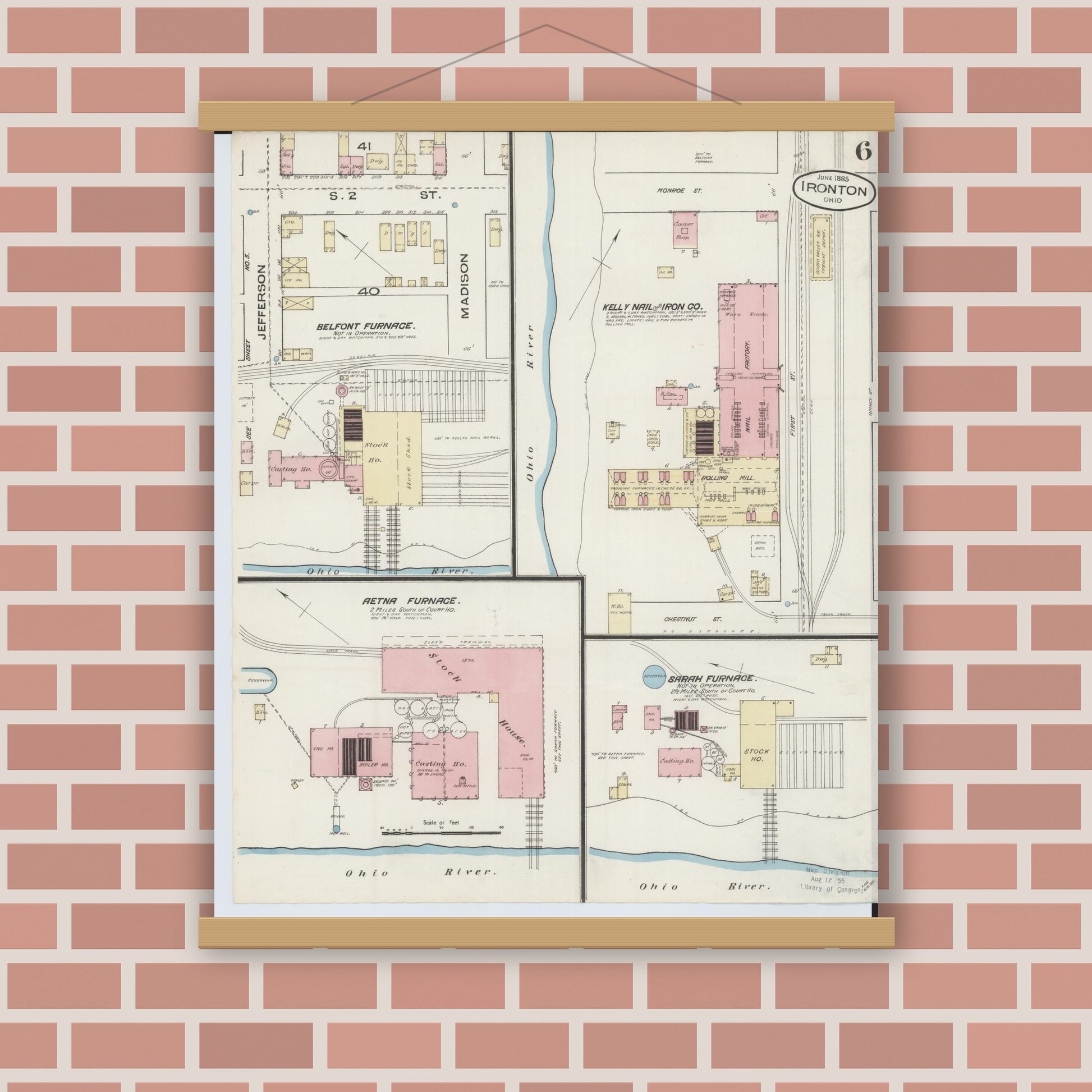 Old map wall art mockup — magnetic wood frame on brick wall — Sanborn Fire Insurance Map from Ironton, Lawrence County, Ohio (1885), Sheet #0006
