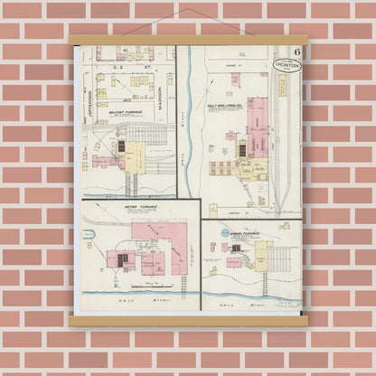 Old map wall art mockup — magnetic wood frame on brick wall — Sanborn Fire Insurance Map from Ironton, Lawrence County, Ohio (1885), Sheet #0006