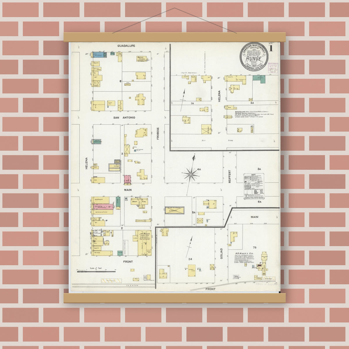 Old map wall art mockup — magnetic wood frame on brick wall — Sanborn Fire Insurance Map from Runge, Karnes County, Texas (1907) - Complete Map Set