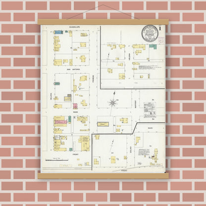 Old map wall art mockup — magnetic wood frame on brick wall — Sanborn Fire Insurance Map from Runge, Karnes County, Texas (1907) - Complete Map Set