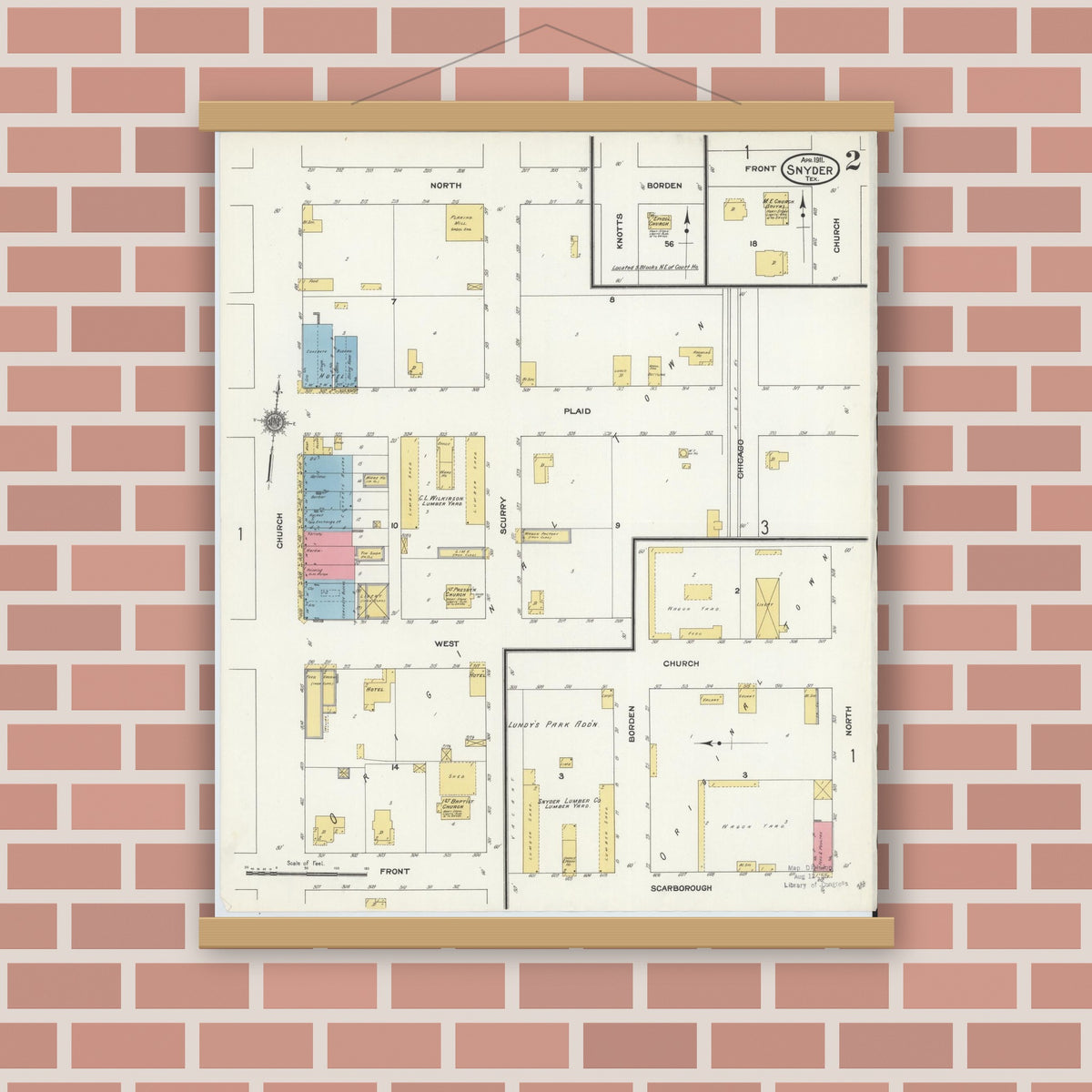 Old map wall art mockup — magnetic wood frame on brick wall — Sanborn Fire Insurance Map from Snyder, Scurry County, Texas (1911), Sheet #0002