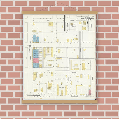 Old map wall art mockup — magnetic wood frame on brick wall — Sanborn Fire Insurance Map from Snyder, Scurry County, Texas (1911), Sheet #0002