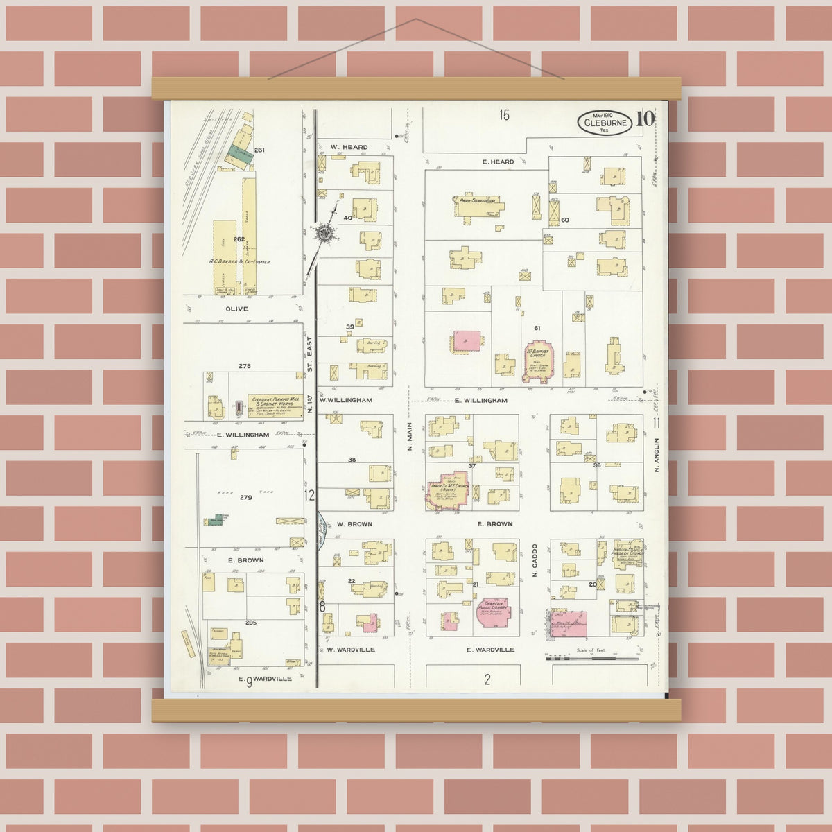 Old map wall art mockup — magnetic wood frame on brick wall — Sanborn Fire Insurance Map from Cleburne, Johnson County, Texas (1910), Sheet #0010