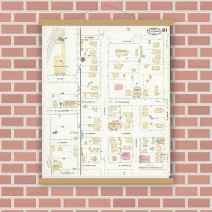 Old map wall art mockup — magnetic wood frame on brick wall — Sanborn Fire Insurance Map from Cleburne, Johnson County, Texas (1910), Sheet #0010