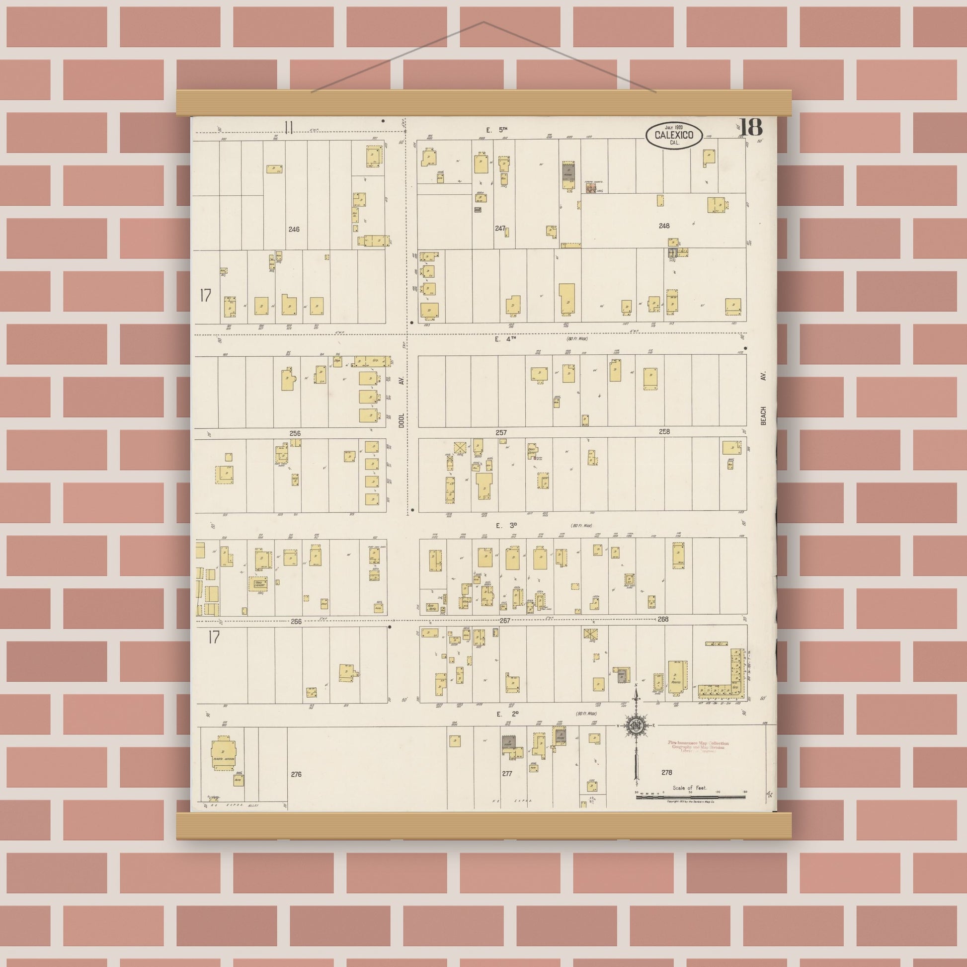 Old map wall art mockup — magnetic wood frame on brick wall — Sanborn Fire Insurance Map from Calexico, Imperial County, California (1920), Sheet #0018