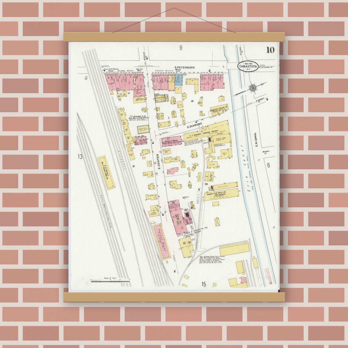 Old map wall art mockup — magnetic wood frame on brick wall — Sanborn Fire Insurance Map from Canastota, Madison County, New York (1911), Sheet #0010