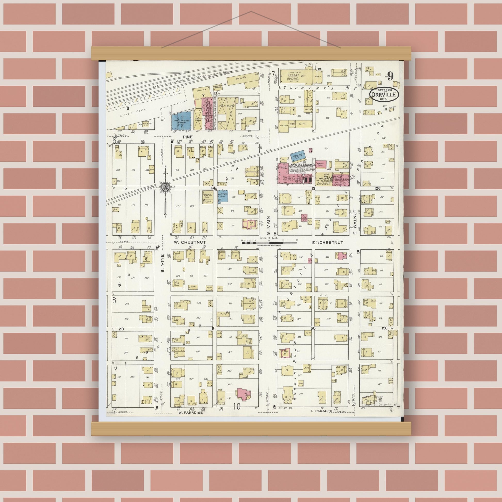 Old map wall art mockup — magnetic wood frame on brick wall — Sanborn Fire Insurance Map from Orrville, Wayne County, Ohio (1920), Sheet #0009