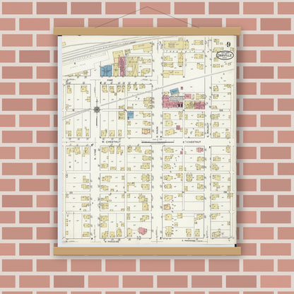 Old map wall art mockup — magnetic wood frame on brick wall — Sanborn Fire Insurance Map from Orrville, Wayne County, Ohio (1920), Sheet #0009