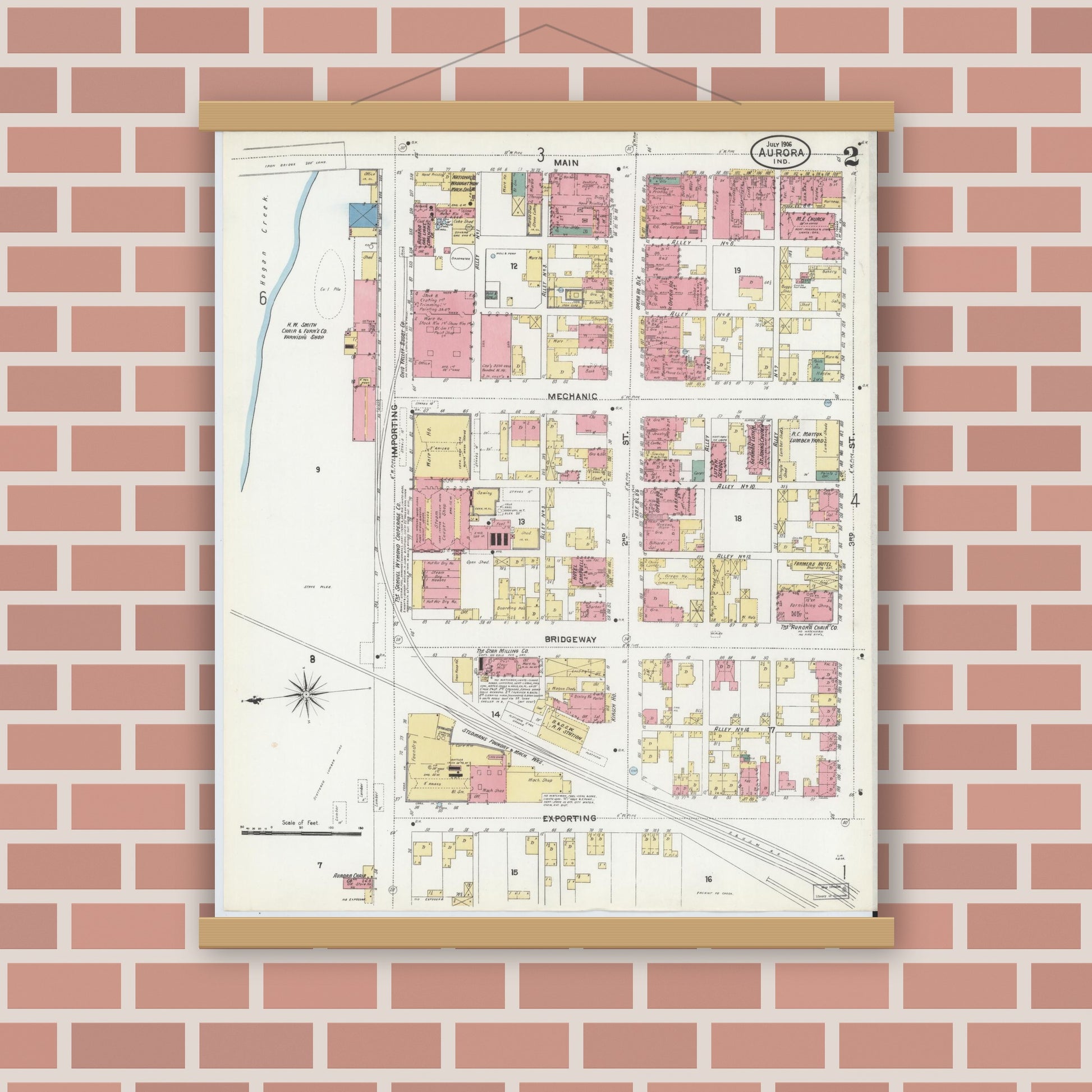 Old map wall art mockup — magnetic wood frame on brick wall — Sanborn Fire Insurance Map from Aurora, Dearborn County, Indiana (1906), Sheet #0002