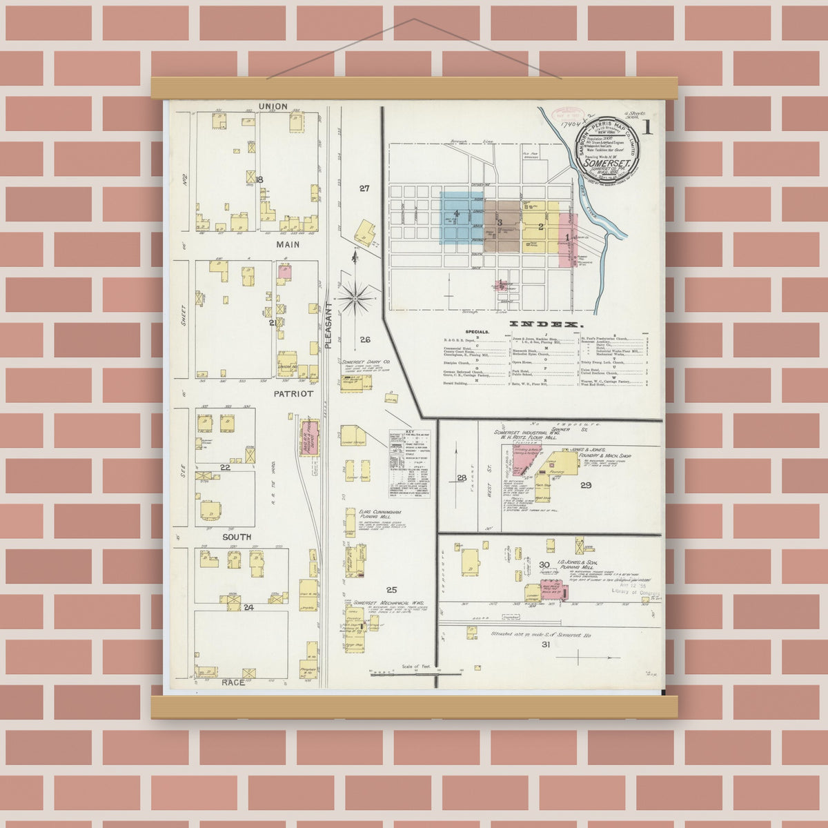 Old map wall art mockup — magnetic wood frame on brick wall — Sanborn Fire Insurance Map from Somerset, Somerset County, Pennsylvania (1892) - Complete Map Set