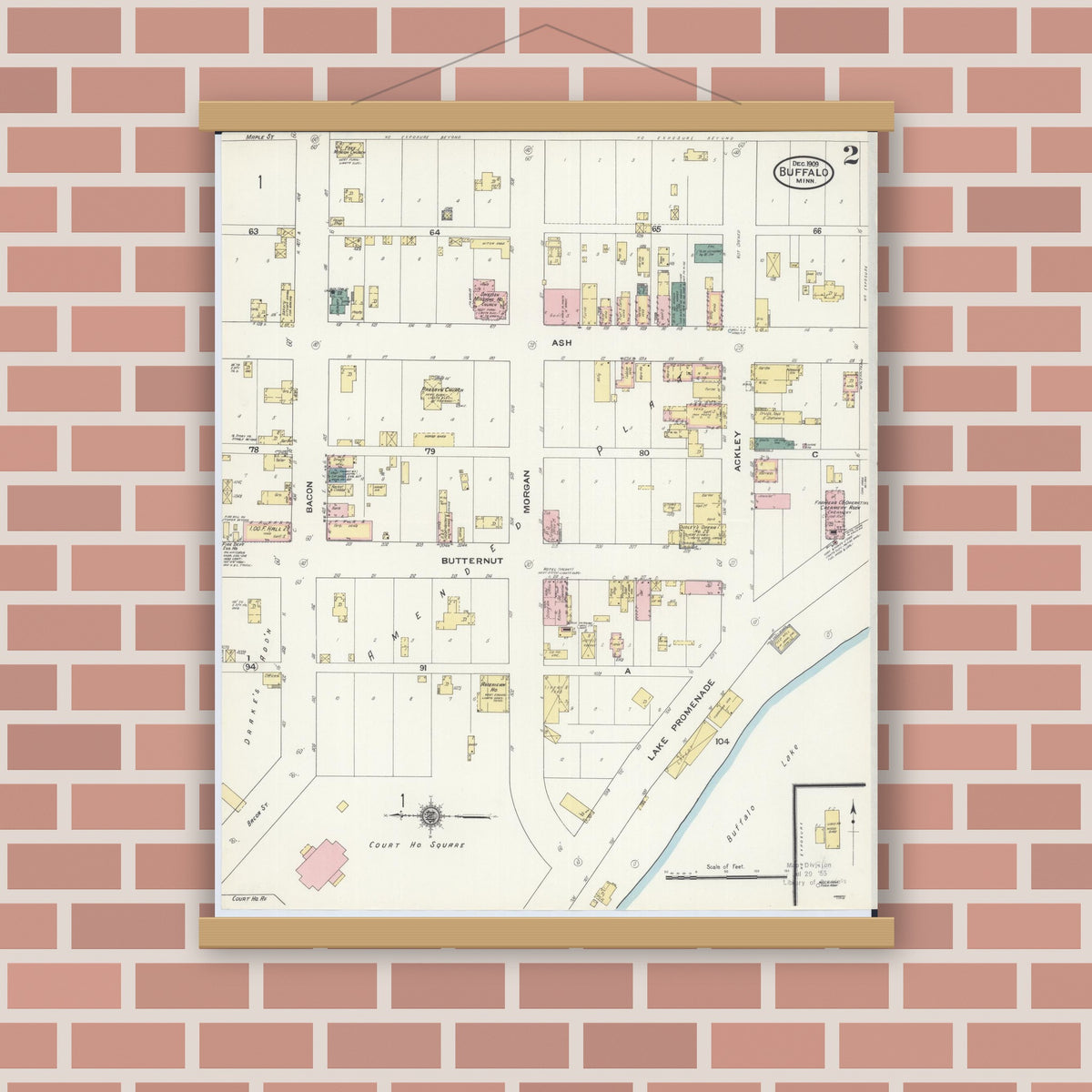 Old map wall art mockup — magnetic wood frame on brick wall — Sanborn Fire Insurance Map from Buffalo, Wright County, Minnesota (1909), Sheet #0002